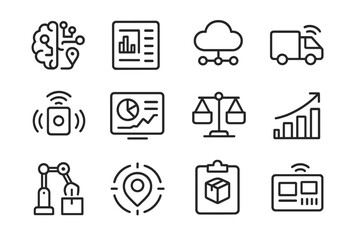 Smart Logistics Icons. Outline icon set of smart logistics: AI route map, inventory chart, cloud data,