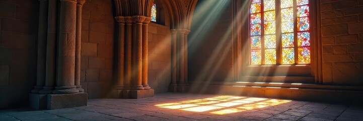 Sunbeams illuminate a church's stained-glass window, casting colorful, ethereal light onto the ancient stone floor A sense of peace and reverence fills the sacred space , mystery, awe