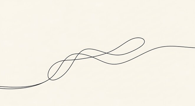 Minimalist abstract design featuring a single continuous black line forming an elegant, flowing loop and curve on a soft, muted cream background.