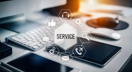Digital service concept with icons representing customer support, communication, and business operations overlaid on a modern office desk with technology devices