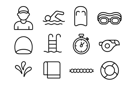 Swimming Lesson Icons. Outline icon set of swimming lessons: instructor, swimmer, kickboard, goggles, swim cap