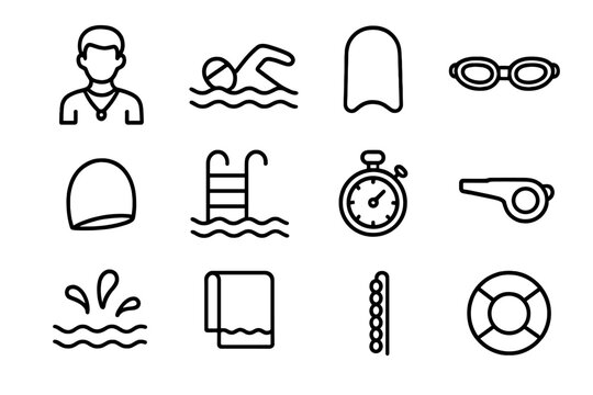 Swimming Lesson Icons. Outline icon set of swimming lessons: instructor, swimmer, kickboard, goggles, swim cap