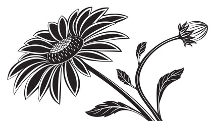 Black and white illustration of a daisy with a bud and leaves on a white background