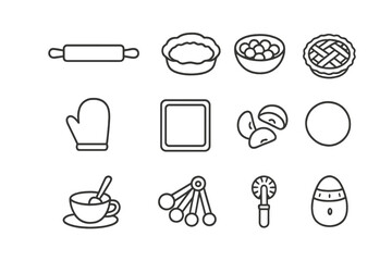 Baking Icons Collection. Outline icon set of baking pies: rolling pin, pie crust, fruit filling, lattice top,