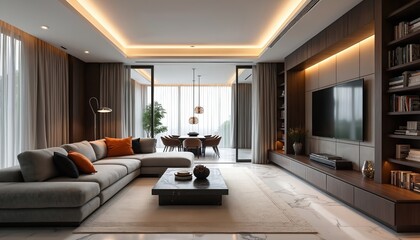 Fototapeta premium Modern living room featuring spacious sectional sofa, marble floors, sleek entertainment center with large television. Adjacent dining area with table, chairs visible through sliding glass doors.