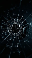 Vertical banner, wallpaper for social media of shattered glass fragment scattered across a dark, ominous background, with sharp, jagged edges and gleaming shards that appear to be protruding