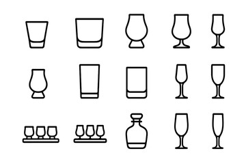 Spirit Glassware Icons. Outline icon set of spirit glassware: shot glass, rocks glass, snifter, tulip glass,