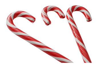 Three Red And White Striped Candy Canes Isolated On Transparent Background