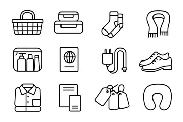 Travel Essentials Icons. Outline icon set of Travel packing baskets: small basket, packing cubes, socks,