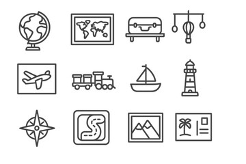 Travel Nursery Decor Icons. Outline icon set of travel-themed nursery decor: globe, map print, suitcase shelf,