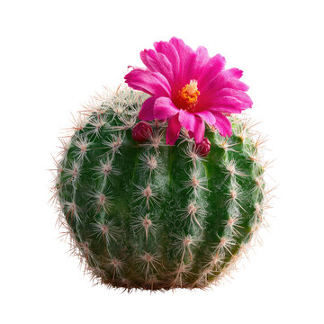 A vibrant pink flower blossoms atop a round, green cactus, isolated on a transparent background. background removed