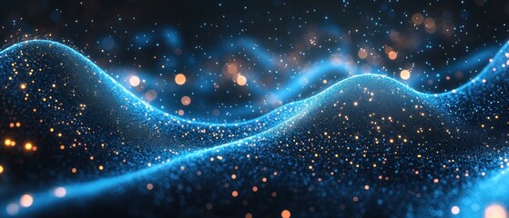 Abstract Blue and Gold Particle Wave with Glowing Lights