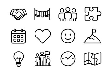 Trust-Building Icon Set. Outline icon set of trust-building activities: handshake, rope bridge, group of