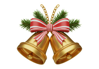 ゴールデンベルと赤と白のリボンの装飾 葉とチェーンの透明背景イラスト