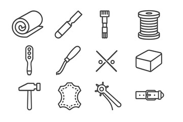 Leather Crafting Icons. Outline icon set of fine leather crafting: hide roll, swivel knife, stamping tool,