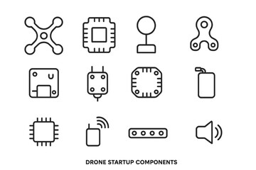 Drone Components Icons. Outline icon set of drone startup components: drone frame, circuit board, GPS antenna,