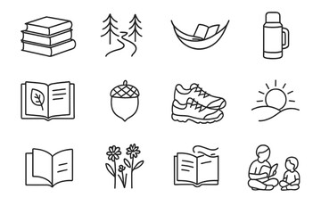 Book Lover's Icon Set. Outline icon set of book lovers in nature: book stack, forest trail, hammock, thermos,