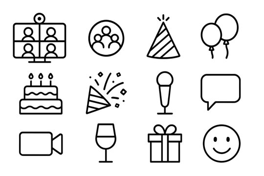 Virtual Gathering Icons. Outline icon set of virtual family gatherings: monitor, group call icon, party hat,