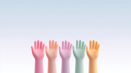 Obraz premium Colorful hands reaching upward in a serene gradient background symbolizing unity and creativity in minimalist design. LGBTQ+ History Month