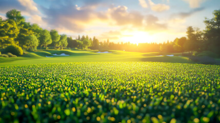 Golf teeing ground in golf course with sunrise background