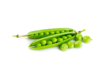 Fresh green pea pods with green peas isolated on white background. Sweet green peas. Green pea beans vegetables. Vegan. healthy vegetable
