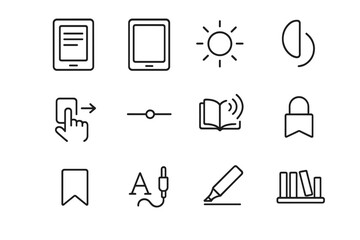 Digital Reading Icons. Outline icon set of digital reading habits: e-reader, tablet screen, brightness icon,