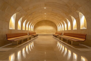 Obraz premium Beige stone tunnel with benches interior design and architecture with arched windows and smooth flooring