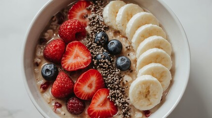 Vegan breakfast bowl filled with creamy oatmeal, mixed berries, chia seeds, and sliced bananas, brightly and colorfully presented, featuring realistic food photography, with ample space