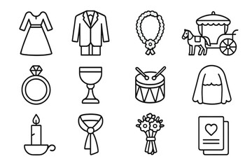 Wedding Tradition Icons. Outline icon set of regional wedding traditions: wedding dress, groom suit, flower