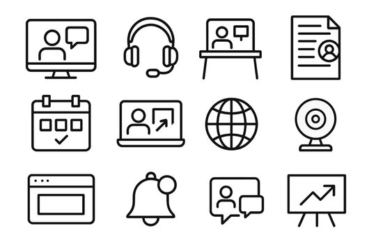 Online Coaching Icons. Outline icon set of coaching sessions online: video call screen, headset icon, laptop