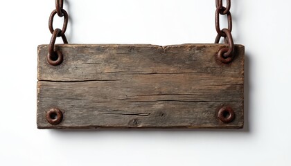 Rough aged wooden plank sign hanging by rusty chains against white background. Weathered wood surface, with visible grain, cracks, offers rustic, vintage aesthetic for custom messages decor. Blank,