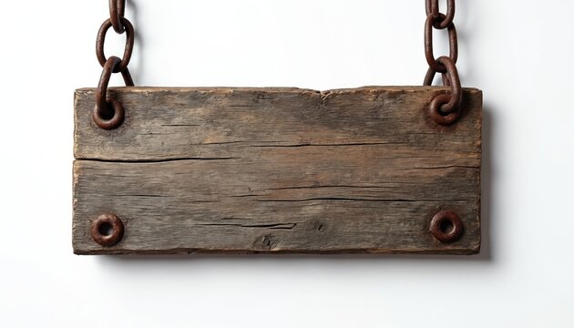 Rough aged wooden plank sign hanging by rusty chains against white background. Weathered wood surface, with visible grain, cracks, offers rustic, vintage aesthetic for custom messages decor. Blank,