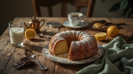 food photography of homemade bundt cake slices on rustic wooden farmhouse table. Professional commercial shot featuring artisanal ring cake with golden crumb texture and powdered sugar coating