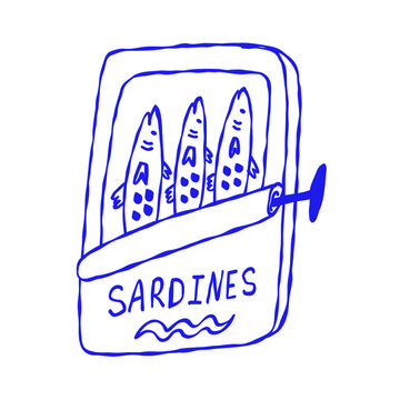 Sardine Fish Tin Can. Sea Food Print. Vector Vintage Drawinf Illustration