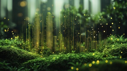 Cityscape Silhouette Emerging from Lush Green Moss