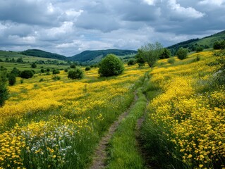 Fototapeta premium Yellow Wildflowers Path Meadow Landscape Under Cloudy Sky