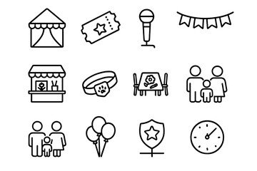 Community Fair Icons. Outline icon set of community family fairs: vendor tent, raffle ticket, stage mic,