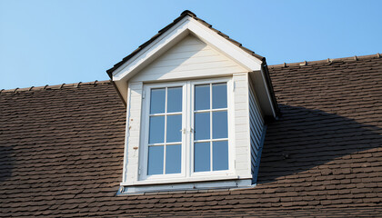 A close-up photograph of a white dormer window on a brown-tiled roof under a clear blue sky.