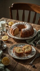 Vertical banner, wallpaper for social media of food photography of homemade bundt cake slices on rustic wooden farmhouse table. Professional commercial shot featuring artisanal ring cake