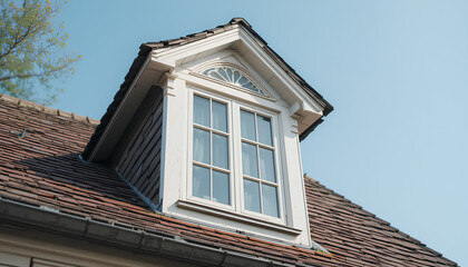 Fototapeta premium Rustic House Roof with Dormer Window Under Clear Blue Sky