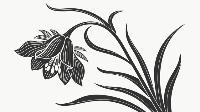 Illustration of a stylized drooping flower with leaves in black and white simple design art work