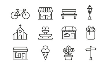 Small Town Icons. Outline icon set of small-town exploration: bicycle, cafe, bench, lamppost, church, fountain