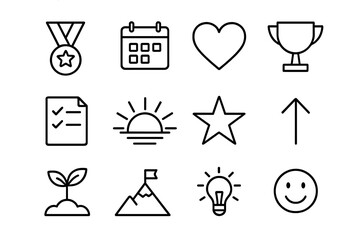Sobriety Milestone Icons. Outline icon set of sobriety milestones: medal, calendar, heart, trophy, checklist,
