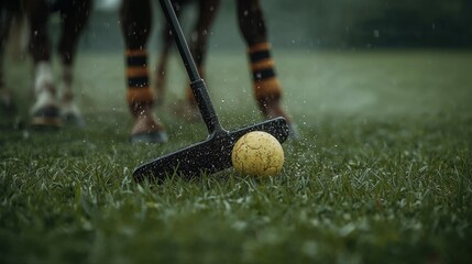Wet rainy scene, strong moody style, cinematic close-up of a polo mallet striking a ball. Lush green grass, dirt and grass blades flying in slow motion. Ball glowing, horses legs blurred, dust rising