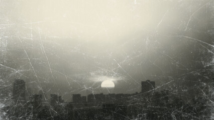 retro halftone black and white cityscape background with old scratch and dust,grunge city photos backgeound,abstract grunge background
