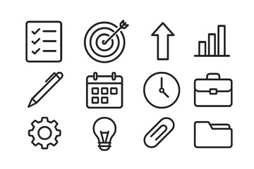 Task Management Icons. Outline icon set of task prioritization: checklist, target, arrow, chart, pen, calendar