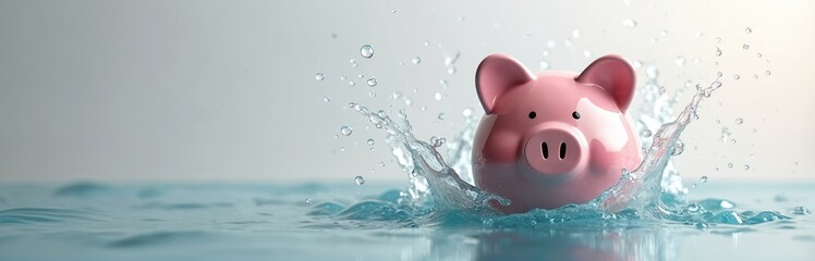 Playful piggy bank splashes water, financial fun, savings. Whimsical scene evokes imagination, prosperity, smart investment strategy. Represents joy, security, creative financial planning for