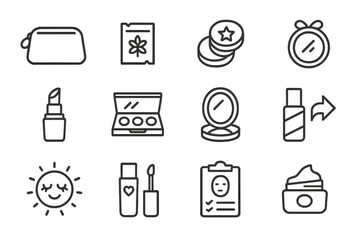 Beauty Brand Icons. Outline vector icons of beauty brand loyalty: cosmetic bag, product sample, beauty points,