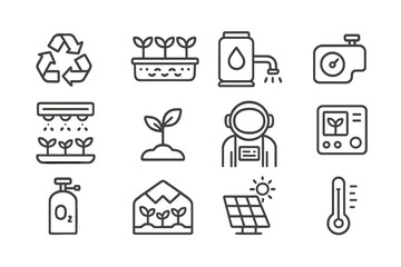 Fototapeta premium Space Farming Icons. Outline icon set of closed-loop space farming systems: recycling symbol, hydroponic tray,