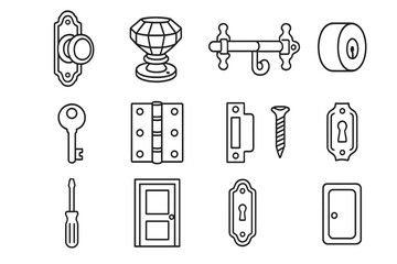 Obraz premium Decorative Door Hardware Icons. Outline icon set of decorative door hardware: ornate knob, crystal handle,